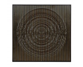 Moderní art deco nástěnná dekorace Modern Wave s plastickým reliéfem vertikálních linií se zvlněným povrchem tvořícím obraz kruhu z masivního dřeva v černé barvě se zlatým lemováním ve tvaru čtverce
