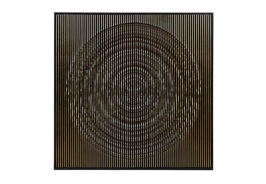 Moderní art deco nástěnná dekorace Modern Wave s plastickým reliéfem vertikálních linií se zvlněným povrchem tvořícím obraz kruhu z masivního dřeva v černé barvě se zlatým lemováním ve tvaru čtverce Moderní art deco nástěnná dekorace Modern Wave s plastickým reliéfem vertikálních linií se zvlněným povrchem tvořícím obraz kruhu z masivního dřeva v černé barvě se zlatým lemováním ve tvaru čtverce