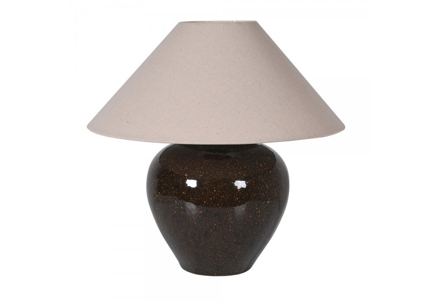 Moderní keramická stolní lampa Starry s kulatou podstavou s vysokým leskem v tmavě hnědé barvě s designem hvězdného nebe se zešikmeným stínítkem ze lnu ve světle béžové barvě Moderní keramická stolní lampa Starry s kulatou podstavou s vysokým leskem v tmavě hnědé barvě s designem hvězdného nebe se zešikmeným stínítkem ze lnu ve světle béžové barvě