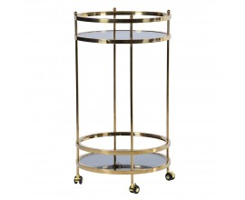 Designový art deco kulatý servírovací vozík Tianna se zlatou kovovou konstrukcí a dvěma skleněnými policemi 90 cm