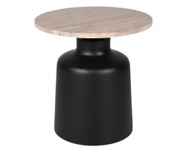 Designový industriální příruční stolek Ulma s kulatou vrchní deskou z mramoru v béžové barvě s výraznou strukturou s jednou nohou z kovu s mohutnou základnou a zúženým hrdlem v černé barvě