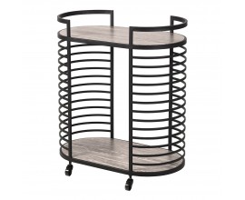 Designový mramorový servírovací vozík Relos se dvěma oválnými deskami s hnědou a bílou kresbou kamene s konstrukcí na kolečkách z kovu v černé barvě s horizontální výplní na bocích