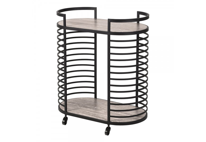 Designový mramorový servírovací vozík Relos se dvěma oválnými deskami s hnědou a bílou kresbou kamene s konstrukcí na kolečkách z kovu v černé barvě s horizontální výplní na bocích