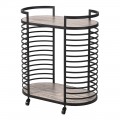 Designový mramorový servírovací vozík Relos se dvěma oválnými deskami s hnědou a bílou kresbou kamene s konstrukcí na kolečkách z kovu v černé barvě s horizontální výplní na bocích