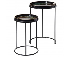 Glamour sada dvou kulatých černých příručních stolků Maori se zlatými detaily a deskami s designem zeleného mramoru 73 cm