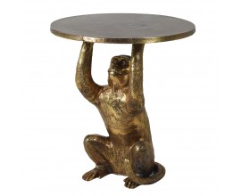Glamour zlatý příruční stolek Monkey Table s kulatou deskou a podstavou ve tvaru sedící opice s mosaznou patinou 50 cm