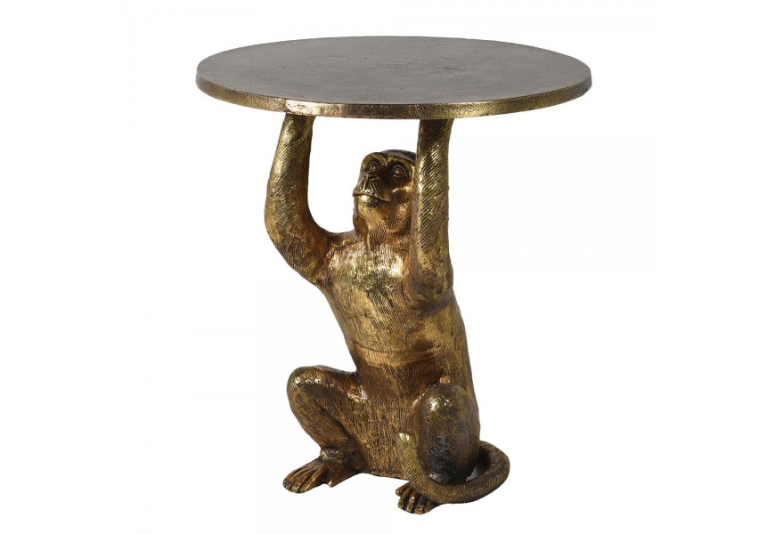Art deco příruční stolek Monkey Table se sedící opicí s kulatou deskou s mosaznou patinou ve zlaté barvě z kovu