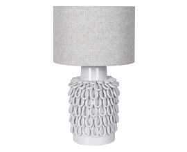 Designová bílá noční lampa Loop White z keramiky s dekorační nohou a válcovým stínítkem ze lnu v šedé barvě s dekorovanými očky