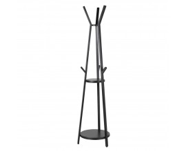 Industri&aacute;ln&iacute; kulat&yacute; kovov&yacute; vě&scaron;&aacute;k Tripod Black se dvěma dřevěn&yacute;mi poličkami v čern&eacute; barvě 183 cm