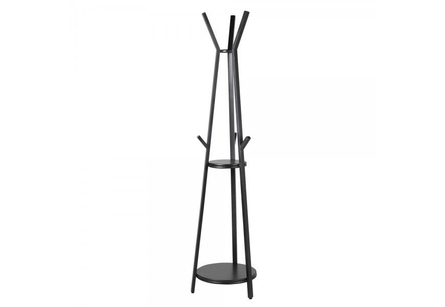 Industri&aacute;ln&iacute; kulat&yacute; kovov&yacute; vě&scaron;&aacute;k Tripod Black se dvěma dřevěn&yacute;mi poličkami v čern&eacute; barvě 183 cm