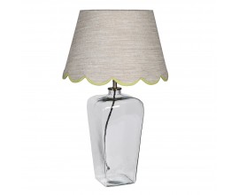 Venkovská skleněná noční lampa Bella Verde s průhlednou nohou se lněným stínítkem v béžové barvě a zeleným lemem