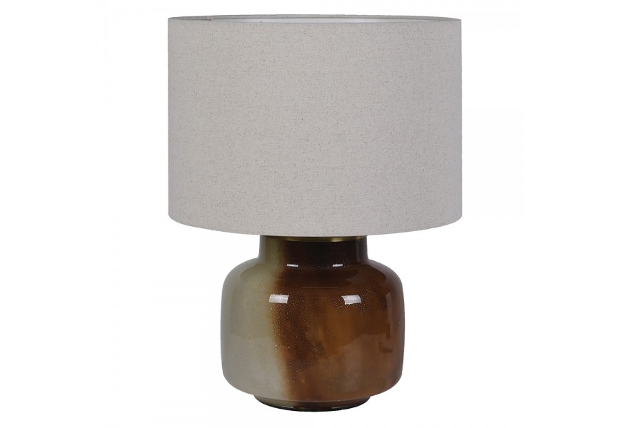 Moderní stolní lampa Terrza s hnědou nohou s efektem keramiky a šedým lněným stínítkem 53 cm