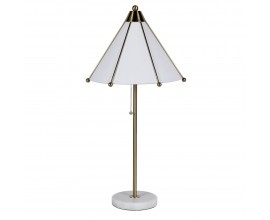 Moderní designová stolní lampa Umbrella s bílým stínítkem ze lnu a kovových detailů ve zlaté faře s motivem deštníku s mramorovou podstavou v kulatém tvaru