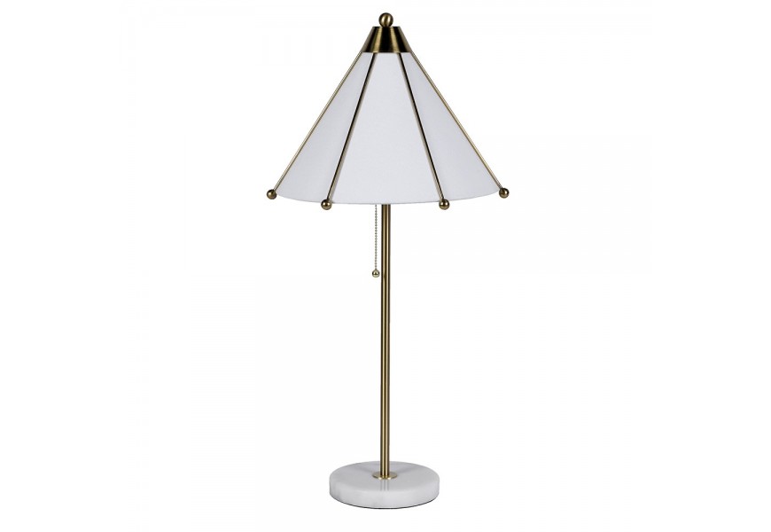 Moderní designová stolní lampa Umbrella s bílým stínítkem ze lnu a kovových detailů ve zlaté faře s motivem deštníku s mramorovou podstavou v kulatém tvaru