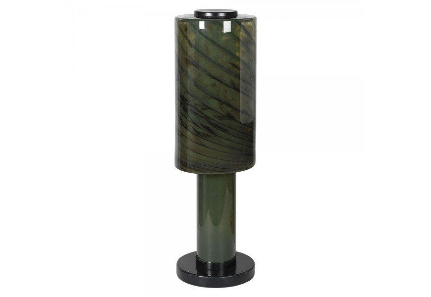 Moderní skleněná noční lampa Spiral ve válcovém tvaru v tmavě zelené barvě se spirálami s kovovou podstavou v kulatém tvaru s mramorovým vzorem
