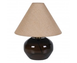 Moderní noční lampa Globe s hnědou nohou se skleněným efektem ve tvaru zploštělé koule se lněným stínítkem s designem juty v béžové barvě v kuželovém tvaru