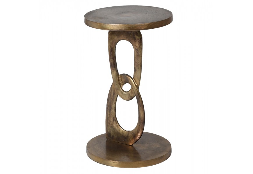 Designov&yacute; kulat&yacute; kovov&yacute; př&iacute;ručn&iacute; stolek Semin ve zlat&eacute; patinov&eacute; barvě se středovou č&aacute;st&iacute; s řetězov&yacute;m vzhledem 66 cm