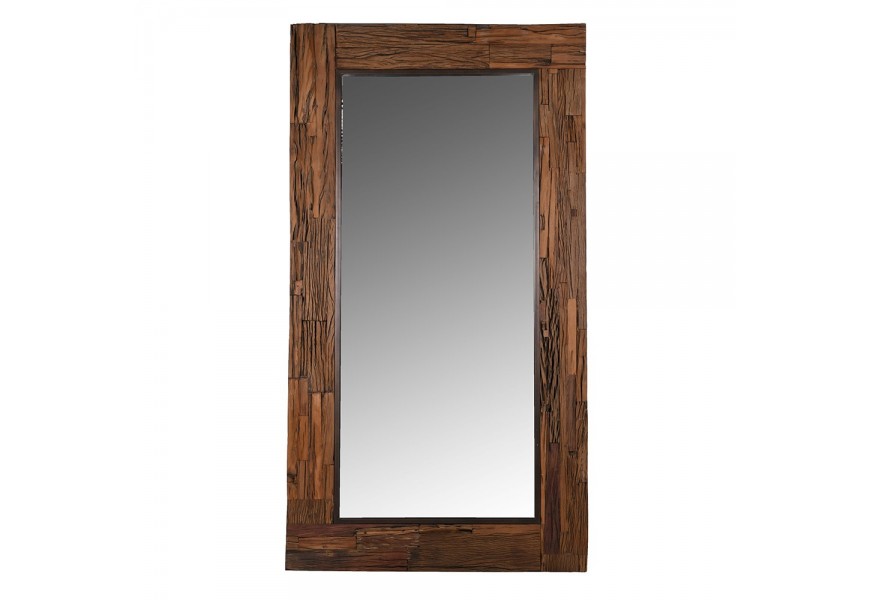 Luxusní venkovské obdélníkové závěsné zrcadlo Ravello s masivním rámem z recyklovaného dřeva v hnědé barvě
