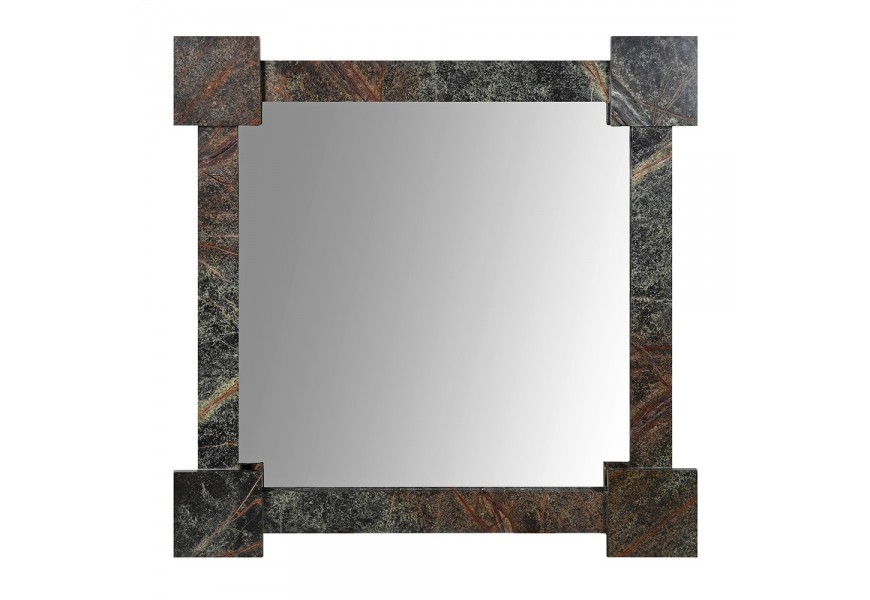 Luxusní industriální závěsné zrcadlo Garen se čtvercovým mramorovým rámem v černé barvě s hnědou a šedou strukturou s efektem koroze se čtvercovými prvky na rozích