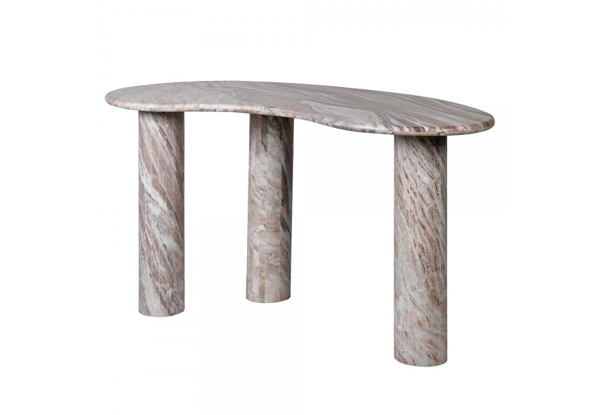 Luxusn&iacute; asymetrick&yacute; mramorov&yacute; konzolov&yacute; stolek Aureliola v hnědo b&eacute;žov&eacute; barvě se třemi v&aacute;lcov&yacute;mi nožičkami 141 cm