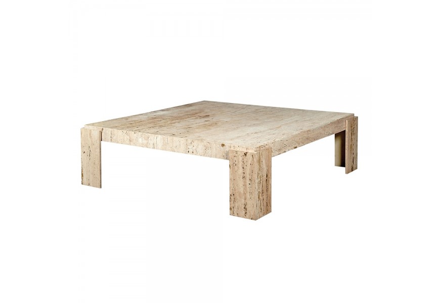 Luxusní mramorový travertinový konferenční stolek Caldera v krémové barvě ve čtvercovém tvaru s nízkými nožičkami