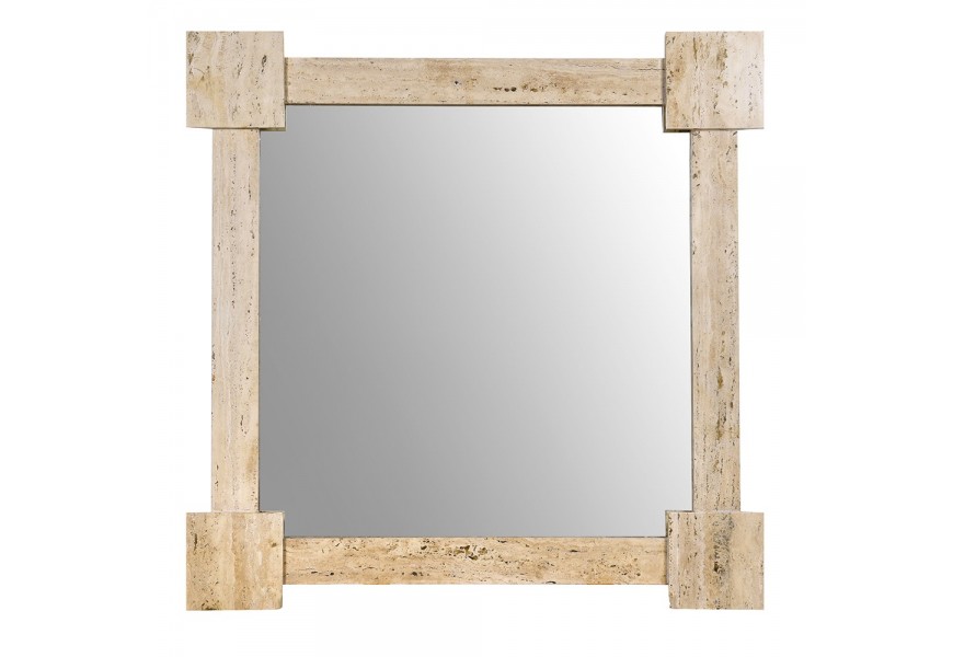 Luxusní moderní nástěnné čtvercové travertinové zrcadlo Caldera z mramoru v krémové barvě