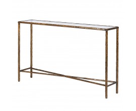 Glamour obdélníkový měděný konzolový stolek Loper z kovu se starožitnou zlatou patinou a skleněnou průhlednou deskou 127 cm