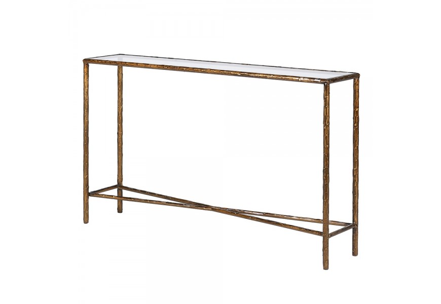 Vintage obdélníkový konzolový stolek Loper s konstrukcí ze železa se strukturou ve starožitné zlaté barvě a vrchní skleněnou průhlednou deskou