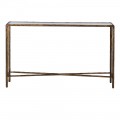 Glamour obd&eacute;ln&iacute;kov&yacute; měděn&yacute; konzolov&yacute; stolek Loper z kovu s mosaznou patinou a skleněnou průhlednou deskou 127 cm