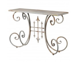 Klasický provensálský konzolový stolek Ludovica s kovem v bílé barvě s patinovaným efektem a ozdobným ohýbanýma nohama 110 cm