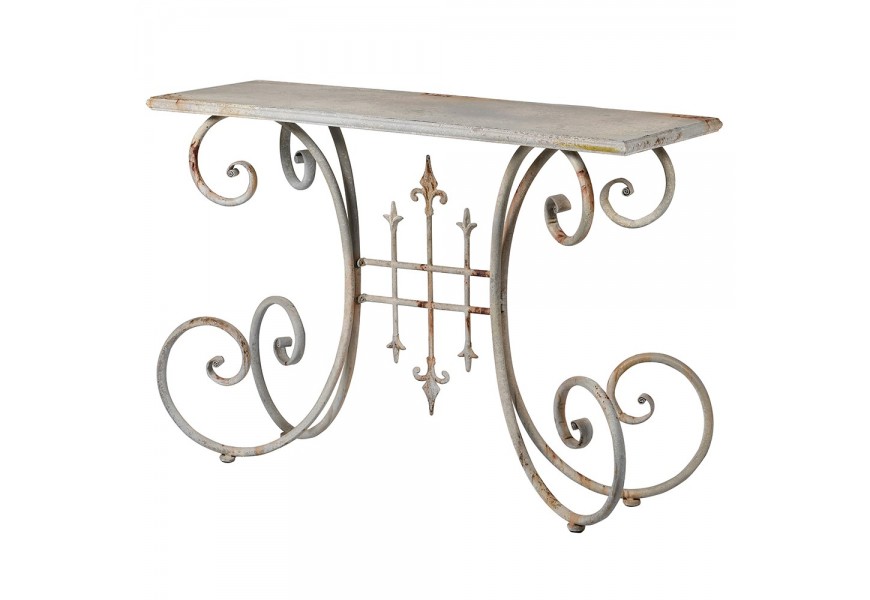 Designový vintage kovový bílý konzolový stolek Ludovica s obdélníkovou vrchní deskou na ozdobných nohách se zatočenými spirálovými ornamenty a starožitným patinovaným efektem