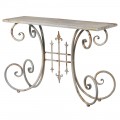 Designový vintage kovový bílý konzolový stolek Ludovica s obdélníkovou vrchní deskou na ozdobných nohách se zatočenými spirálovými ornamenty a starožitným patinovaným efektem