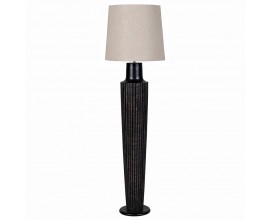 Designová vintage stojací lampa Katya s černou nohou s reliéfním zdobením a šedým lněným stínítkem 166 cm
