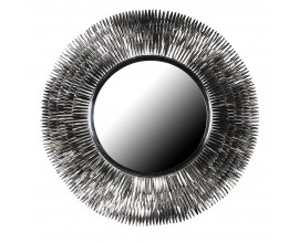 Designov&eacute; art deco kulat&eacute; z&aacute;věsn&eacute; chromov&eacute; zrcadlo Surya s r&aacute;mem z kovu s designem paprsků v pěti řad&aacute;ch