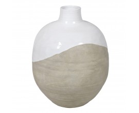 Moderní designová nižší váza Ello z terakoty v béžové a bílé barvě s úzkým hrdlem s minimalistickým vzorem vlny