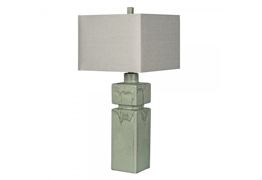Designová orientální stolní lampa Zhejiang s keramickou nohou hranatého tvaru s designem zelené seladonové vintage keramiky se čtvercovým stínítkem ze lnu v naturální béžové barvě