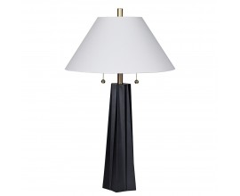 Moderní glamour stolní lampa Villara s designovou skulpturální podstavou z akrylu v černé barvě se zlatou kovovou konstrukcí a bílým širokým lněným stínítkem kuželovitého tvaru