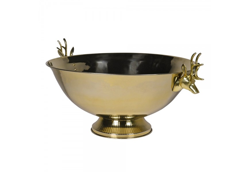 Luxusní glamour zlatá mísa na chlazení vína Darla kulatého tvaru na podstavci se dvěma úchyty s designem hlavy jelena s parožím z nerezavějící oceli