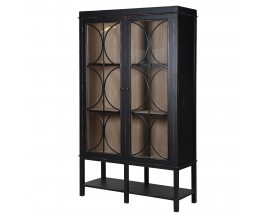 Luxusní vintage vitrína Antello s dvojitými prosklenými dvířky s geometrickou ozdobnou výplní na dlouhých nožičkách s otevřenou policí s černým lakováním a vnitřním úložným prostorem v přírodní hnědé barvě dřeva