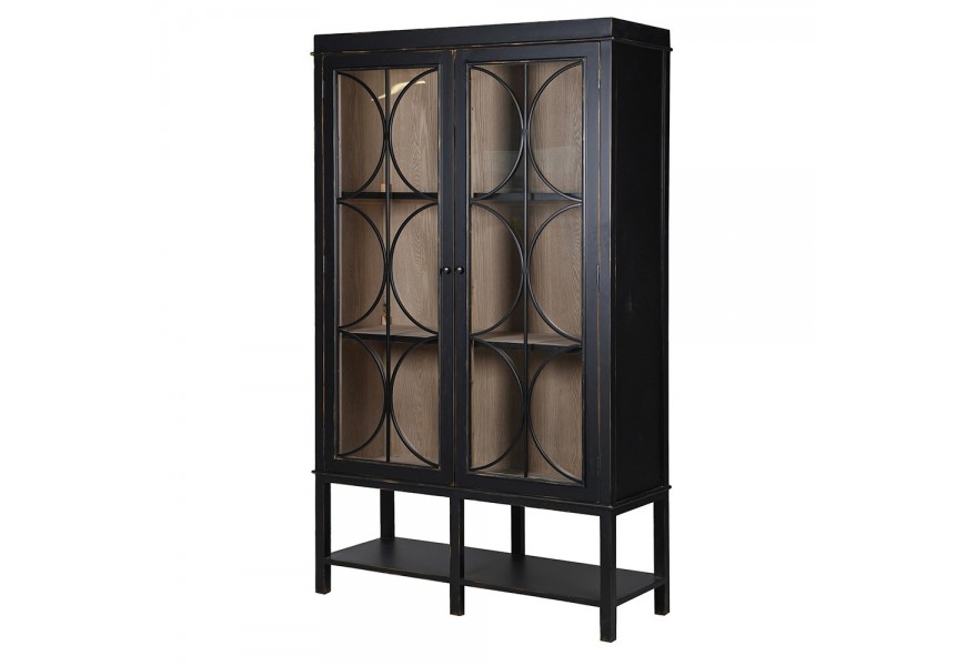 Luxusní vintage vitrína Antello s dvojitými prosklenými dvířky s geometrickou ozdobnou výplní na dlouhých nožičkách s otevřenou policí s černým lakováním a vnitřním úložným prostorem v přírodní hnědé barvě dřeva