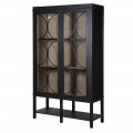 Luxusní vintage vitrína Antello s dvojitými prosklenými dvířky s geometrickou ozdobnou výplní na dlouhých nožičkách s otevřenou policí s černým lakováním a vnitřním úložným prostorem v přírodní hnědé barvě dřeva