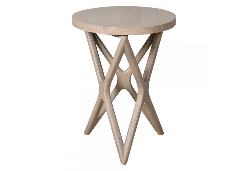 Luxusní designový světlý hnědý příruční stolek Estrella s krémovým nátěrem s kulatou vrchní deskou se vzdušnou nohou složenou ze tří prvků ve tvaru X spojených vrcholy