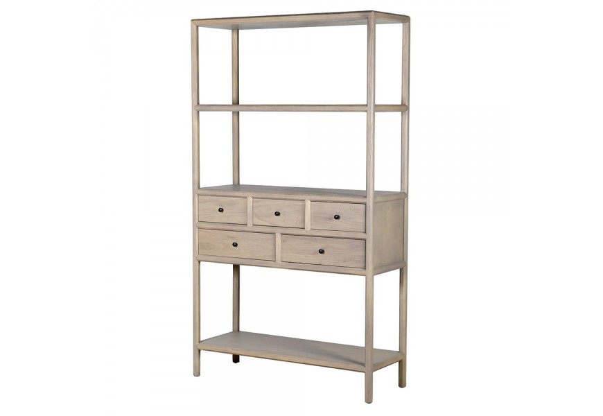 Luxusní moderní světlý hnědý regál Angus z masivního dřeva s lineární konstrukcí se třemi otevřenými vysokými obdélníkovými policemi a pěti zásuvkami ve dvou řadách s malými kulatými černými kovovými úchytkami