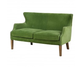 Luxusní klasická venkovská jídelní lavice Bronte pro dvě osoby s vysokou tvarovanou zádovou opěrkou se sametovým potahem v zelené barvě s dřevěnýma nohama v naturální hnědé barvě