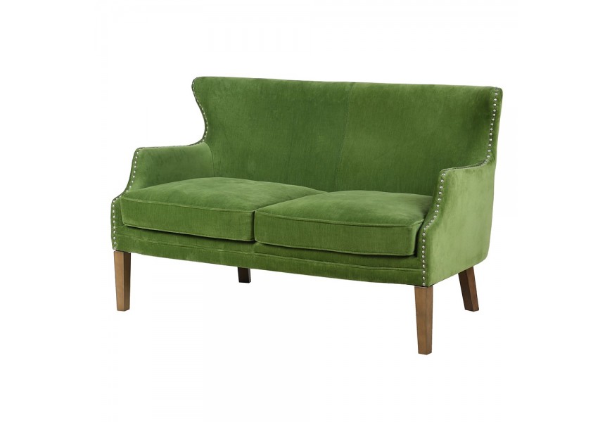 Luxusní klasická venkovská jídelní lavice Bronte pro dvě osoby s vysokou tvarovanou zádovou opěrkou se sametovým potahem v zelené barvě s dřevěnýma nohama v naturální hnědé barvě