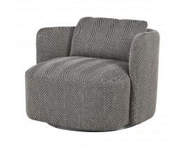 Luxusní designové křeslo Alana s nízkou otočnou podstavou se zaoblenými opěrkami s čalouněním a textilním potahem s tkaním s chevronovým vzorem v černé a bílé barvě