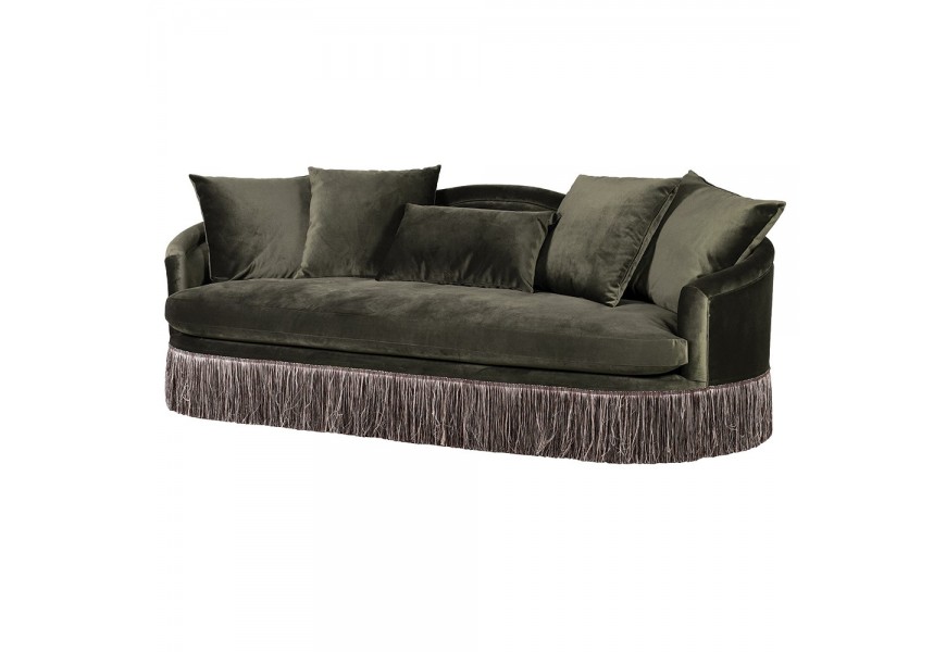 Luxusní klasická sedačka Roberta oválného tvaru s opěrkou s camelback designem s obloukem a polštáři s potahem ze sametu v olivově zelené barvě s ozdobnými šedými třásněmi ve spodní části