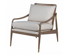 Luxusní retro křeslo Oscar s béžovým čalouněním a hnědým rámem s ratanovým výpletem a zlatými detaily 85 cm