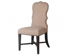 Luxusní zámecká kožená jídelní židle Tonnie s tmavou hnědou dřevěnou podstavou s křížovou spojnicí z masivního dřeva s potahem z pravé kůže v béžové barvě s tvarovanou vysokou opěrkou a vybíjením kovovými nýty