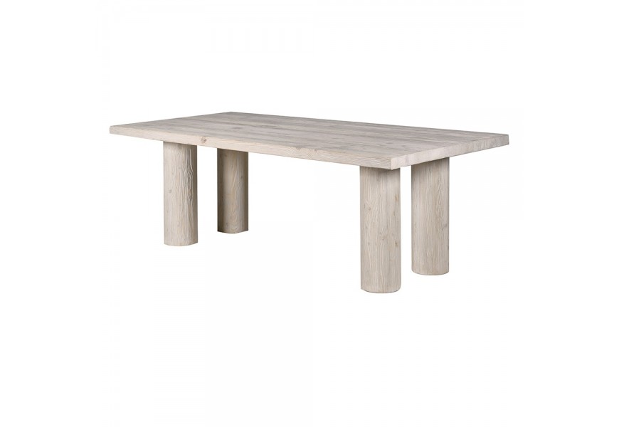 Luxusní moderní masivní jídelní stůl Jonas z recyklovaného dřeva ve světlém krémově hnědém provedení s přiznanou kresbou letokruhů s obdélníkovou deskou a čtyřmi válcovitýma nohama